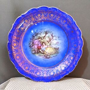 Vintage 12" Fragonard Love Story Blue & Gold Gilt Porcelain Plate